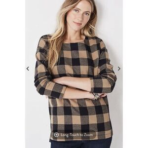 NWT J. JILL Buffalo Check Jacquard Knit Brown Black Plaid Long Sleeve Top Sz XS